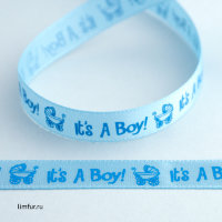 Лента атласная детская "It's a boy", голубая, 10 мм (1 метр)