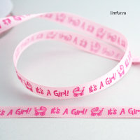 Лента атласная детская "It's a girl", розовая, 10 мм (1 метр)